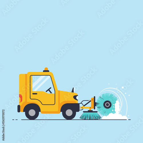 Street sweeper vehicle with rotating brush on blue background, vector illustration