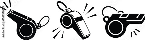 Whistle Silhouette Set, Sports and Referee Icons Black Vector Collection.