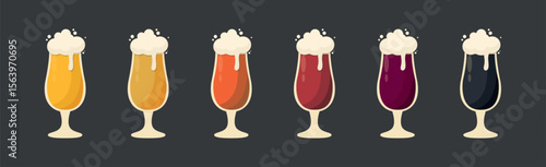 Set of 6 glasses of different types of beer - Vector illustration