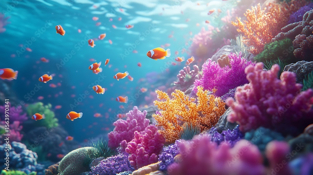 Fototapeta premium Colorful angelfish swimming beside glowing red corals underwater high resolution picture