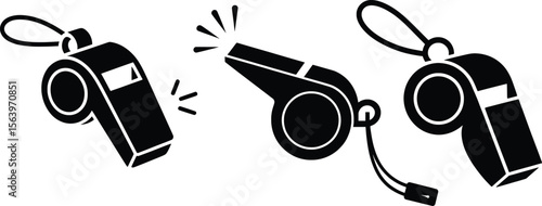 Whistle Silhouette Set, Sports and Referee Icons Black Vector Collection.