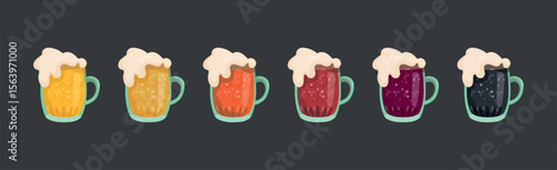 Set of 6 mugs of different types of beer - Vector illustration