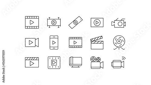 Collection of video and film related icons in outline style