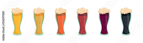 Set of 6 glasses of different types of beer - Vector illustration