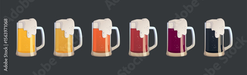 Set of 6 mugs of different types of beer - Vector illustration