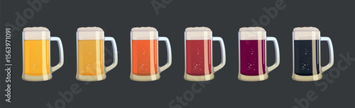 Set of 6 mugs of different types of beer - Vector illustration