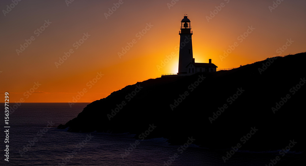 Lighthouse on cliff edge silhouetted against vibrant sunset sky by the ocean.
Lighthouse on cliff edge silhouetted against vibrant sunset sky by the ocean.