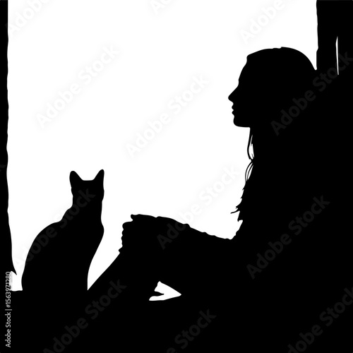 silhouette of a cat on the door with it's  owner