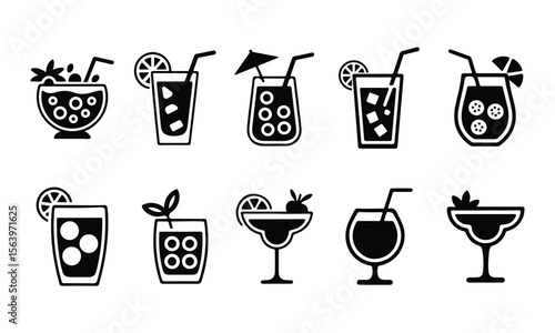 Refreshing Summer Cocktails Icon set vector on transparent background.	