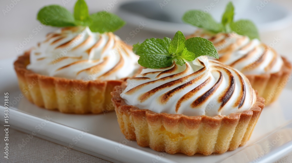 Delicious meringue tarts topped with mint leaves are elegantly arranged on a white plate. The dessert is showcased in a warm cafe atmosphere, inviting sweet indulgence Delicious meringue tarts topped with mint leaves are elegantly arranged on a white plate. The dessert is showcased in a warm cafe atmosphere, inviting sweet indulgence