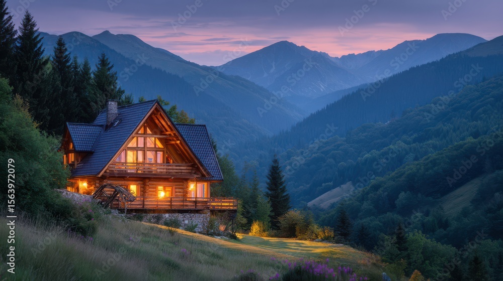 Obraz premium A cozy wooden cottage glows with warm light as dusk settles in. The surrounding mountains create a tranquil backdrop, enhancing the peaceful atmosphere of this beautiful retreat