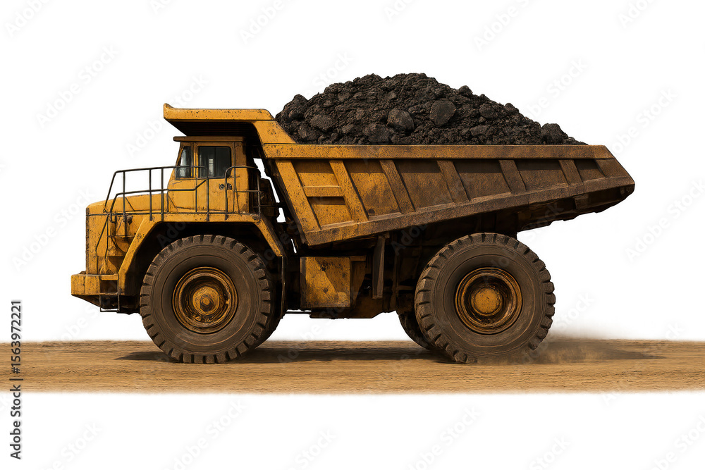Fototapeta premium Coal Truck in Dusty Road Dump Truck Loaded with Coal Moving Through Dry Dirt Road Landscape PNG Die-Cut For Advertising