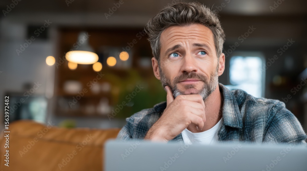 Obraz premium A man with a beard poses thoughtfully while looking away from his laptop in a comfortable living room. Natural light fills the cozy space, creating a warm atmosphere