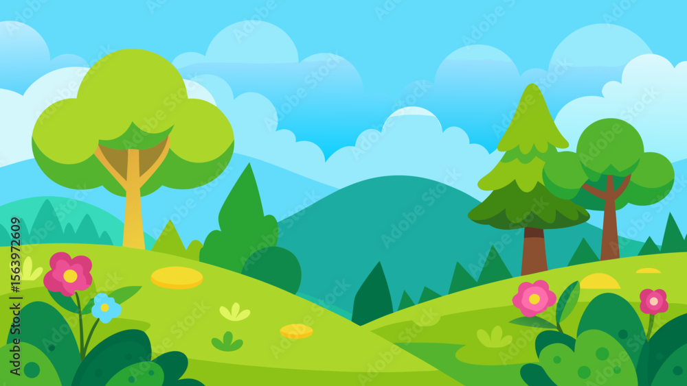 Naklejka premium Vibrant cartoon landscape with rolling green hills and colorful trees under a blue sky