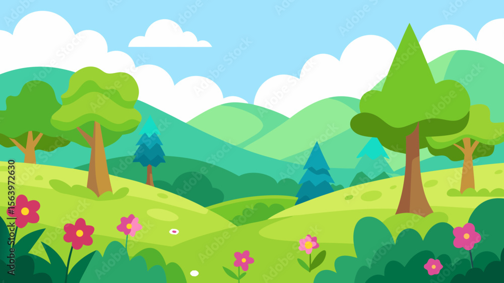 Naklejka premium Vibrant cartoon landscape with rolling green hills trees and flowers under a blue sky