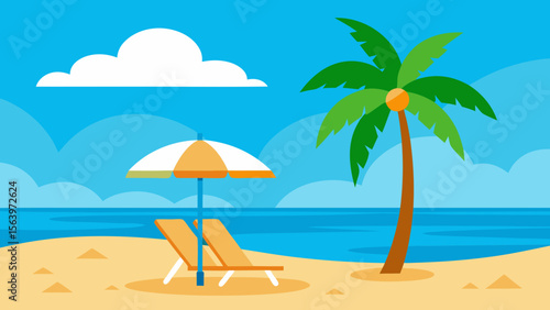 Tropical beach scene with palm tree lounge chairs and umbrella under blue sky