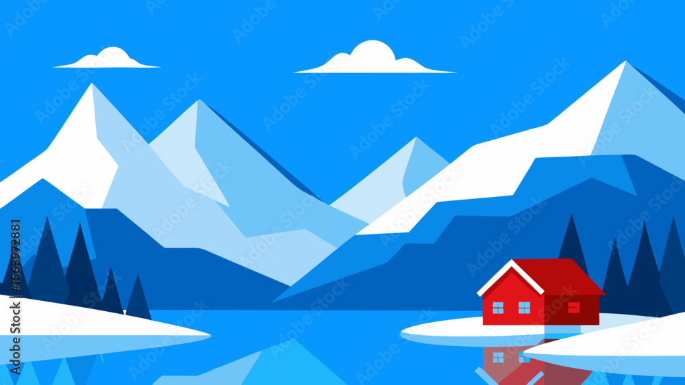 Naklejka premium Cozy red cabin nestled beside a serene lake with snow capped mountains