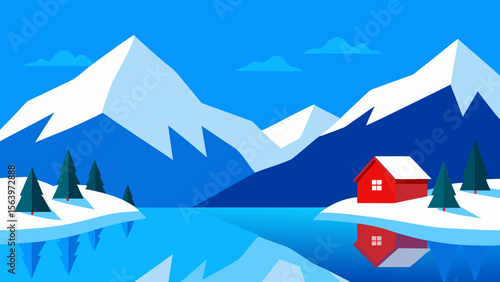 Cozy red cabin nestled by a tranquil lake with snow capped mountains