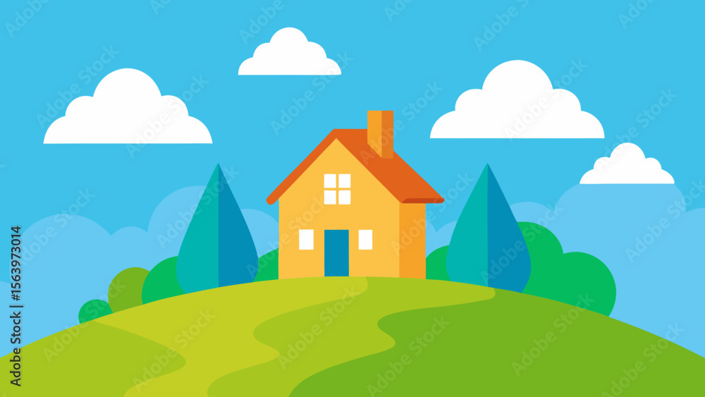Fototapeta premium Charming yellow house sits on a green hill under a blue sky with clouds