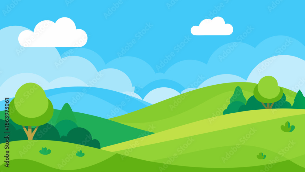 Fototapeta premium Stylized cartoon landscape with rolling green hills and fluffy white clouds