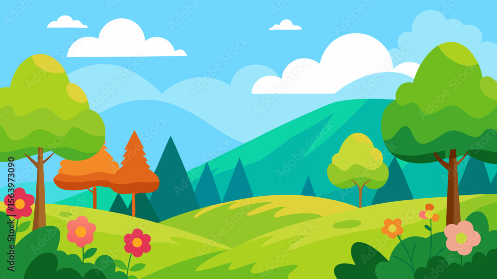 Fototapeta premium Vibrant cartoon landscape with rolling green hills trees and flowers under a blue sky