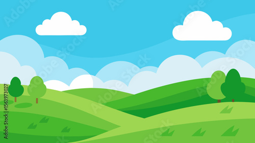 Vibrant green rolling hills under a bright blue sky with fluffy white clouds