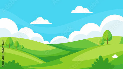Vibrant cartoon landscape with rolling green hills and fluffy white clouds