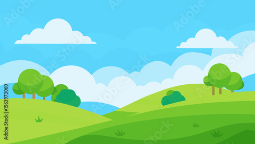 Bright sunny day with rolling green hills and fluffy white clouds