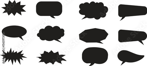 Set of black comic speech bubble silhouettes in various shapes for pop art and cartoon dialogue. Ideal for stickers, comics, graphic design, meme templates, and retro-style illustrations.