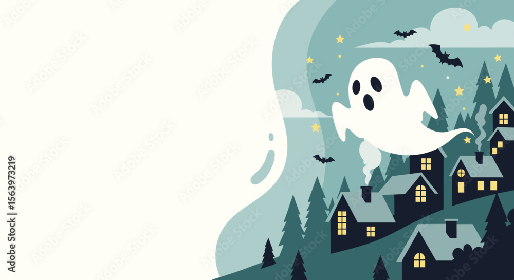 Fototapeta premium Friendly ghost flying above houses and forest at night, for Halloween with copy space