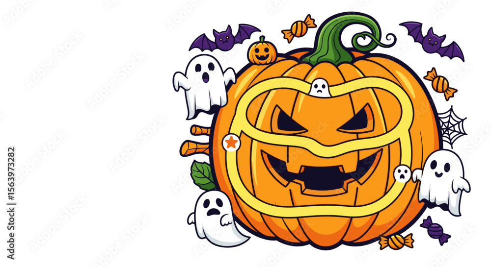 Fototapeta premium Orange pumpkin maze game with ghosts, bats and candy for Halloween