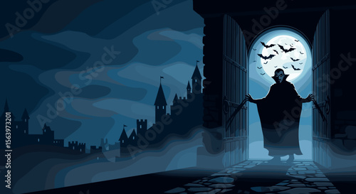 Classic vampire at the gate of a castle on a full moon night illustration for Halloween, with copy space