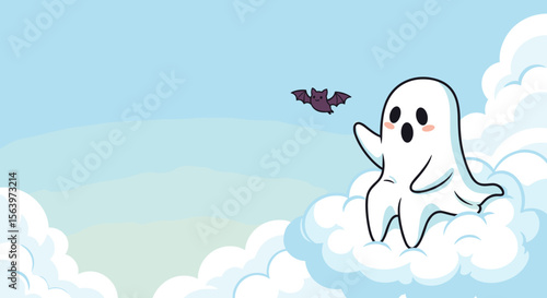 Cute cartoon ghost greets a small bat in the sky, with copy space
