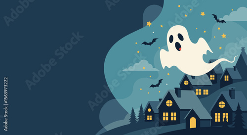 Happy cartoon ghost flying over houses at night, for Halloween