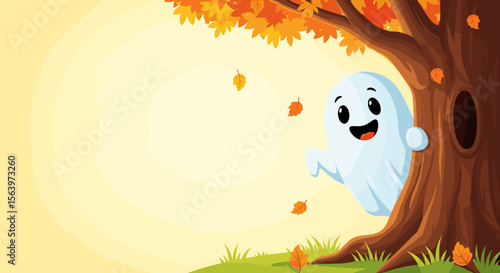 Cartoon ghost hiding behind tree in autumn scene, with copy space