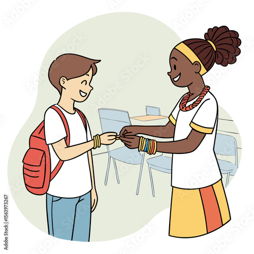 Diverse students exchange small gifts or items in a classroom setting showcasing friendship and cultural exchange during a school day