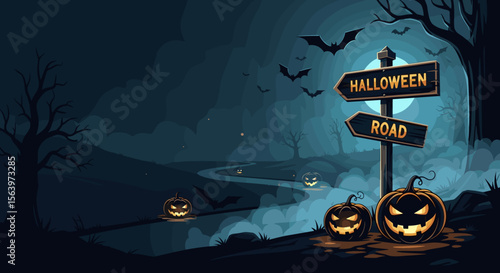 Road sign shows direction to Halloween, with pumpkins and bats in night scene