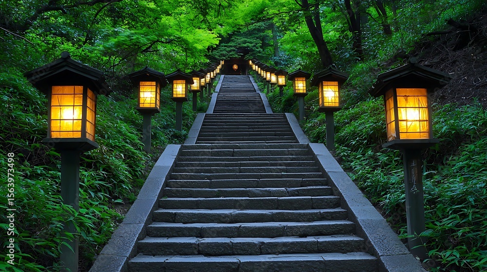 Dark and atmospheric stone steps showing signs of age, faintly glowing under the flicker of antique lanterns leading to a temple Dark and atmospheric stone steps showing signs of age, faintly glowing under the flicker of antique lanterns leading to a temple