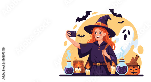 Red haired witch taking a selfie against an autumn background, for Halloween social media