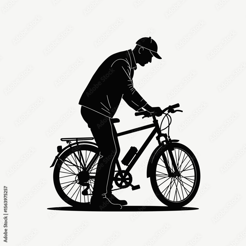Fototapeta premium Man adjusting bicycle while standing in side silhouette view 