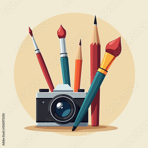 Vintage camera surrounded by colorful pencils and paintbrushes  