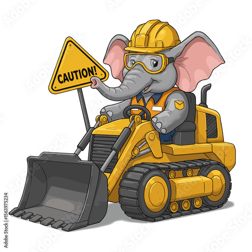 Cartoon elephant operating bulldozer while holding caution sign  