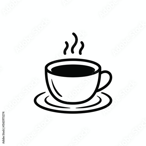 Simple black and white illustration of a steaming cup of coffee on a saucer