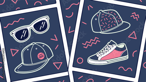 Stylish summer clothing collection graphic with a snapback, sunglasses, and sneaker in a fun aesthetic.