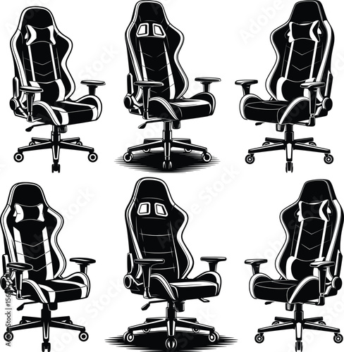 Gaming Chair Vector Set, Ergonomic Office Seat Silhouettes Collection.
