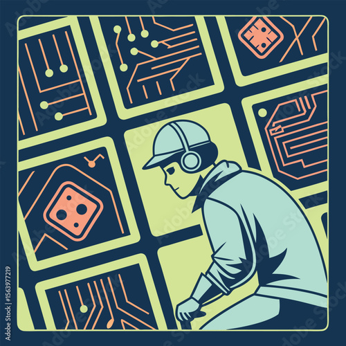 Retro technology backdrop features a worker for technology design and branding