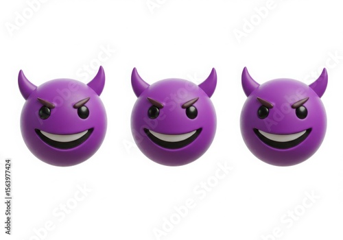 Three purple devil emojis with horns and mischievous smiles on a white background