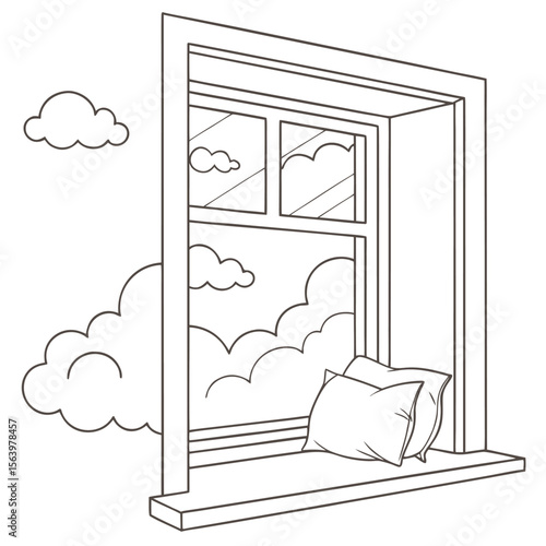A simple line drawing of an open window with two fluffy pillows resting on the sill overlooking a sky filled with fluffy white clouds