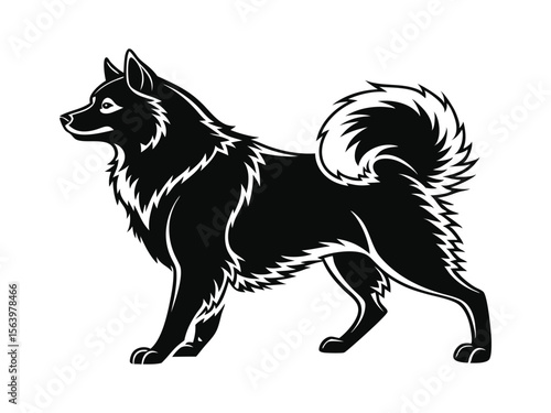 American Eskimo Dog dog silhouette vector illustration, pet clipart, black and white animal shape