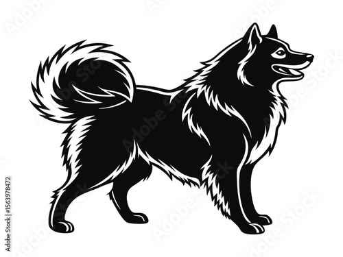American Eskimo Dog dog silhouette vector illustration, pet clipart, black and white animal shape